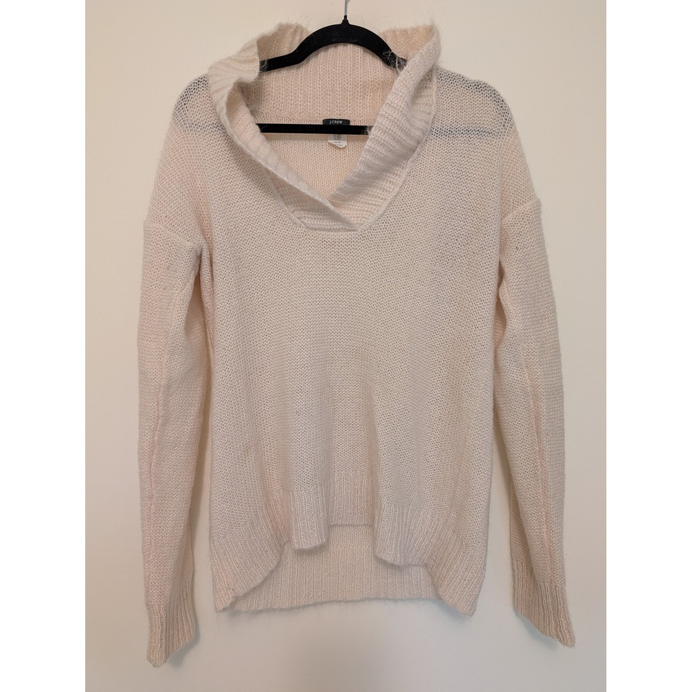 J. Crew Womens Medium Mohair Wool Blend Cowl V-Neck Knit Sweater Cream Ivory